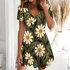 Women Plus Size Olive Green Daisy Printed V Neck Short Sleeve A Line Flared Dress