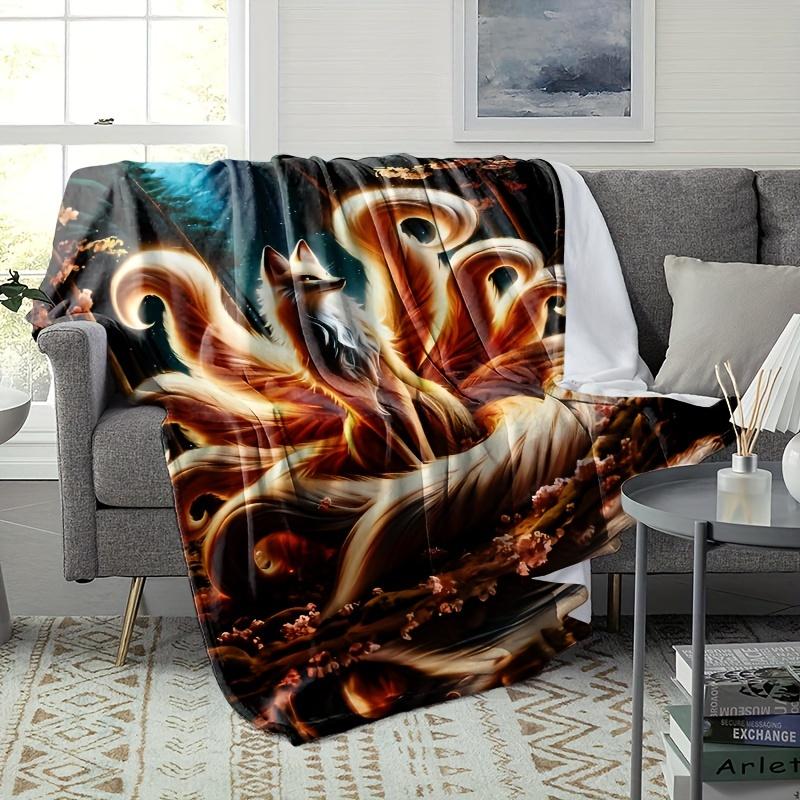 Glam Style Nine-Tailed Fox Mythical Animal Art Blanket -Digital Print Soft All-Season Multi-Purpose Throw for Nap, Sofa & Travel