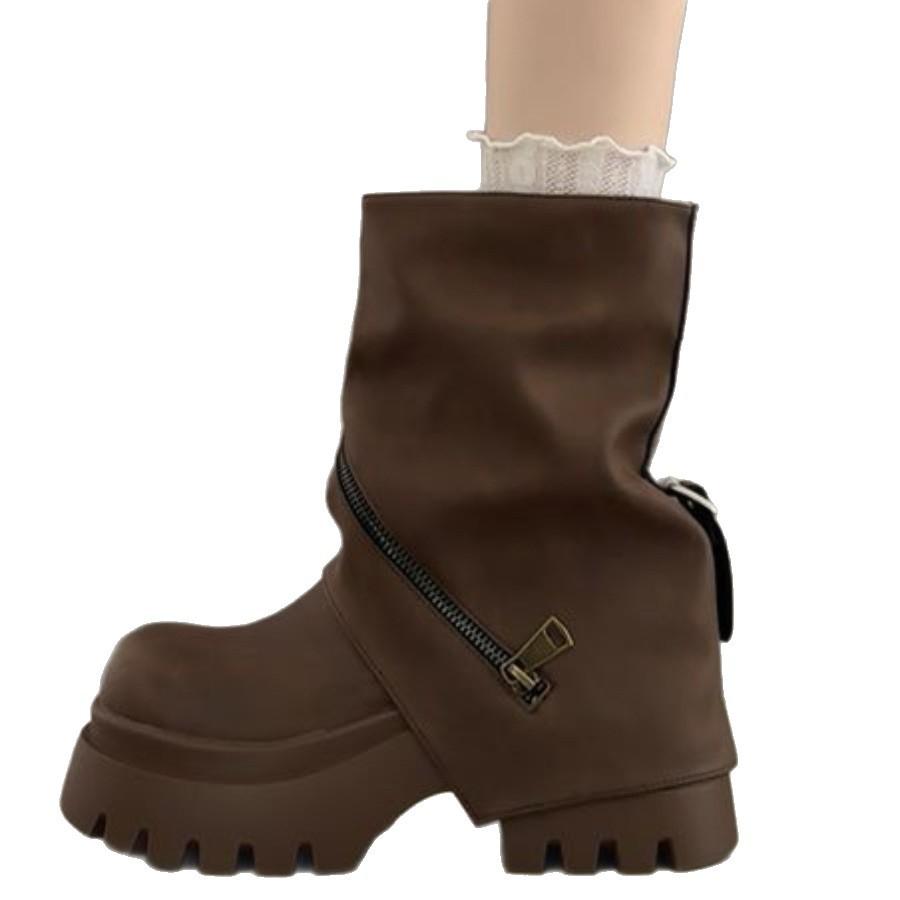 European big head zipper platform muffin Martin boots locomotive boots niche hot girl trouser tube stacking boots small women's shoes