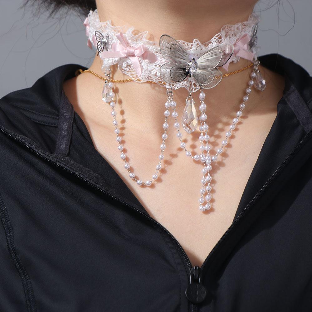 Lolita Lace Bow Choker Pearl Tassel Butterfly Necklace Rhinestone Pendant Necklace  Music Festival