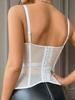 Women's Fashion Brown Mesh Panel Off-Shoulder Strapless Top, Sexy Backless Multi-Row Button Bodysuit,Fishbone Cup Corset Bustier
