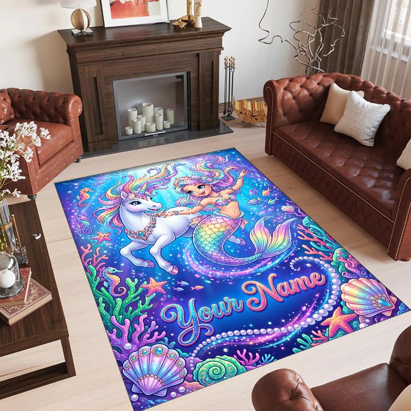Alfombra de Suelo de Terciopelo de Cristal con Temática de Unicornio, Alfombra Cálida Personalizada con Nombre y Texto, Decoración del Hogar