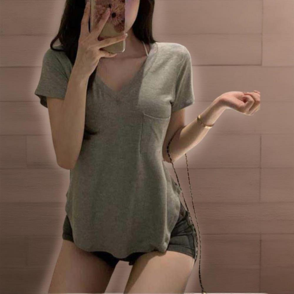 New ArriVals Open Run Women V Neck PockeT T shirT Solid Color