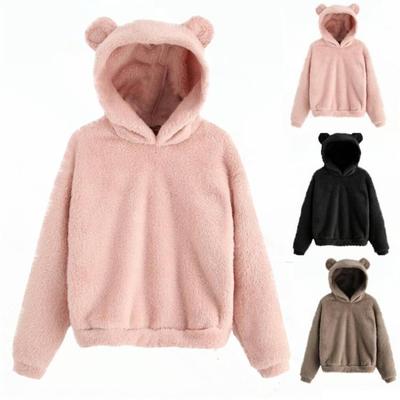Moletom com capuz fofo feminino kawaii, gorro de orelha fofo de urso, outono inverno, pulôver quente, manga comprida, casaco de lã
