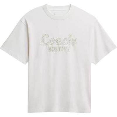 Cursive Embroidered Sports Style Textured Lace Round Neck Drop Shoulder T-Shirt Women Tops White CZ731-WHT