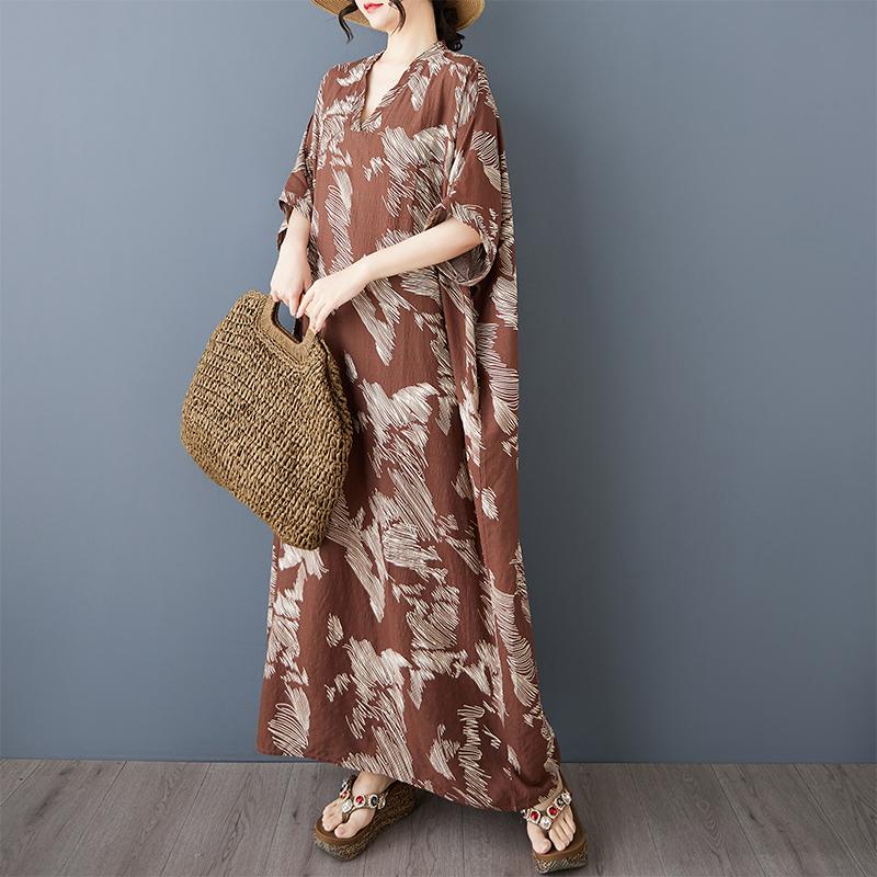 DIMANAF 2025 Sommar Dam Plus Size Klänning Vardagsklänning Strand Lös Vintage Tryck Basic Lång Klänning Maxi