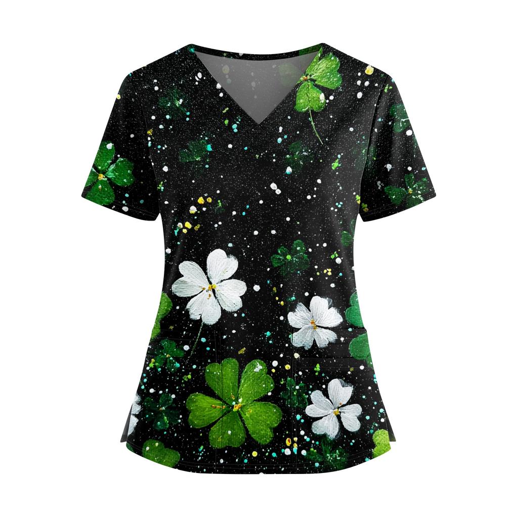 Frauen St. St. Patrick's Day Druck V-Ausschnitt Doppeltasche Kurzarm Uniform Oberteil mit geschlitztem Saum