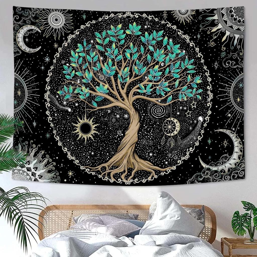 Rexful Baum des Lebens Wandteppich Grünes Wandbild für Schlafzimmer Spirituelle Ästhetik Sonne und Mond Wandteppiche Wandbehang Dekoration