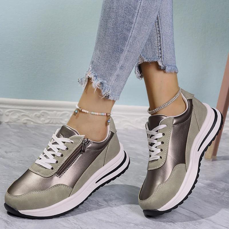Fashion Fashion Women Sneakers Lace Up Comfortable Women Shoes 2025 Zipper Decor Platform Sneakers Woman Non Slip Plus Size Sports Shoes