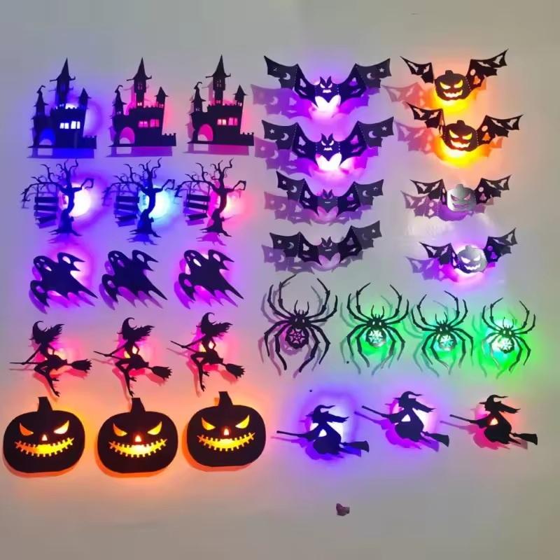 8/30Pcs/Set Led Halloween Wall Sticker 3D Hollow Night Light Bat Pumpkin, Spider Witch Castle Ghost Party Wall Decoration