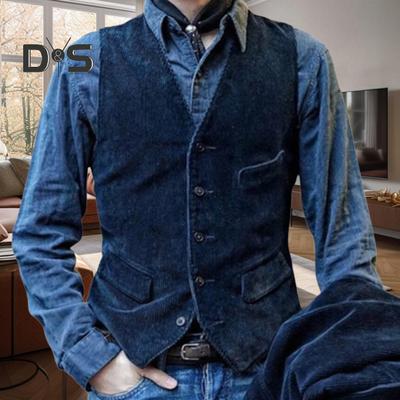 Men Waistcoat V-Neck Sleeveless Single Breasted Vest Coat Solid Color Slim Fit Corduroy Retro Style Waistcoat with Pockets