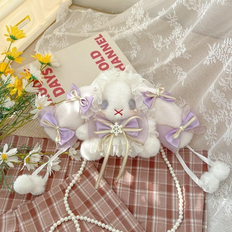 Plush Rabbit Lolita Shoulder Bag With Lace Bow Design And Faux Pearl Shoulder Strap For Daily Use