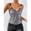 Top Cami da Donna Scollo a V in Rete con Paillettes e Cinturino con Fibbia Metallica per Festa Nightclub Blusa Senza Maniche Monocolore