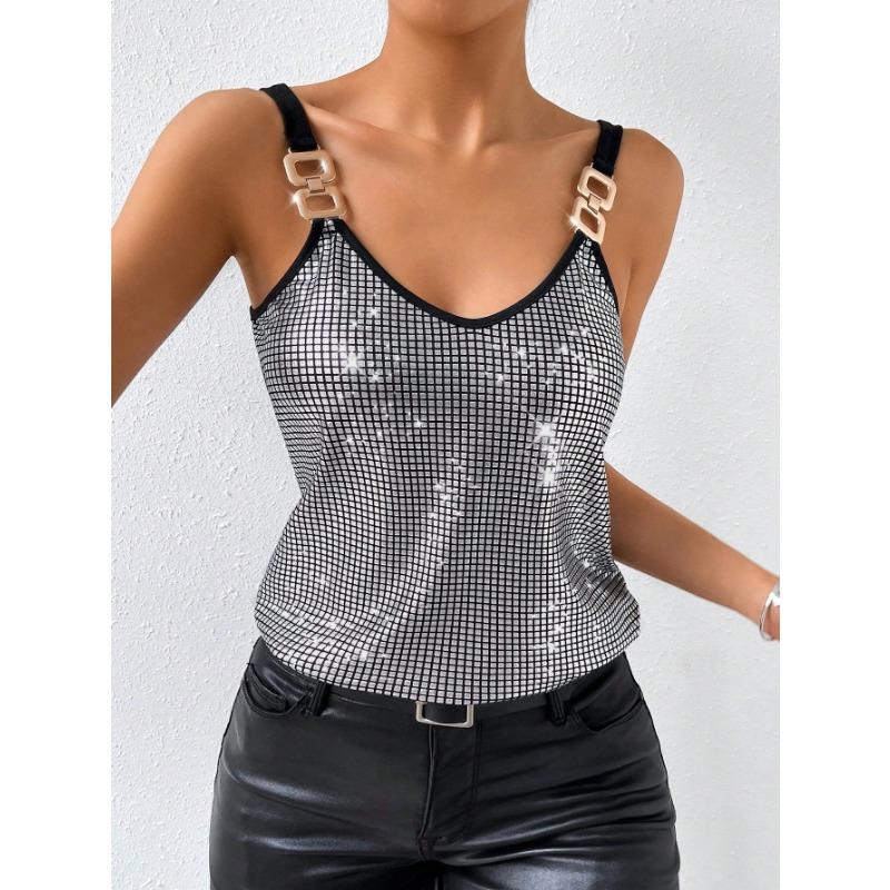 Top Cami da Donna Scollo a V in Rete con Paillettes e Cinturino con Fibbia Metallica per Festa Nightclub Blusa Senza Maniche Monocolore