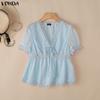 VONDA Women V Neck Short Sleeve Lace Hem Sheer Patchwork Casual Blouse Tops