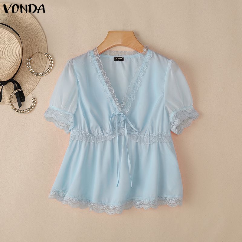 VONDA Women V Neck Short Sleeve Lace Hem Sheer Patchwork Casual Blouse Tops