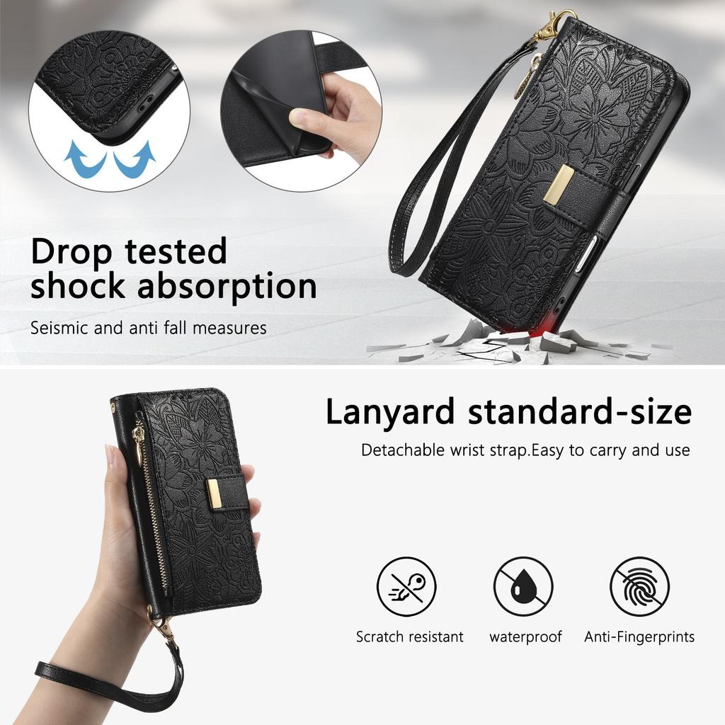 Floral Leather Wallet Case for iPhone 12-17 series.Vintage All-in-One Card Holder w/Stand, Magnetic Closure & Wrist Strap