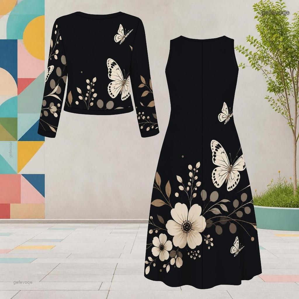Women Plus Size Black Printed Two Piece Dress Set Round Neck Long Sleeve Cardigan Sleeveless Long Dress