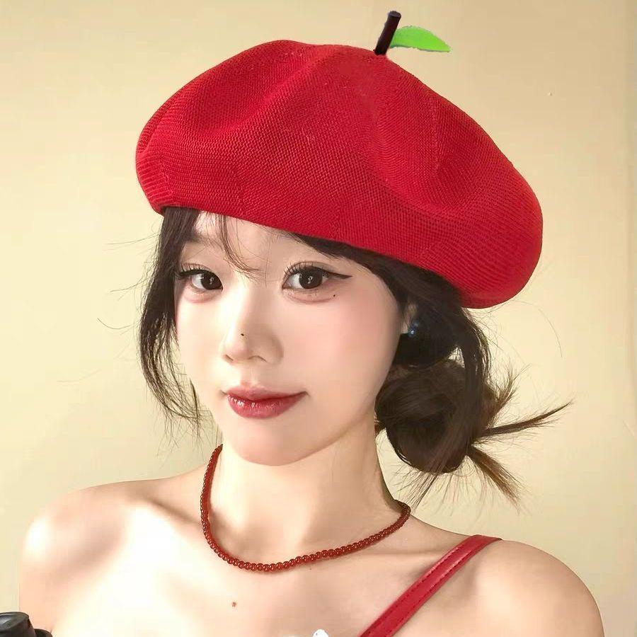 Women's Hat Painter Hat Cute Little Leaf Beret Hat Fruit Apple Orange Beret Spring and Summer Breathable