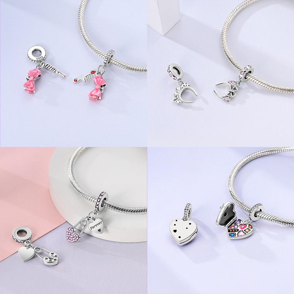 Copper Color Trunk Heart Shape Bow Pink Charms Beads Fitoriginal Bracelets Fine Diy Birthday Women Jewelry Gift