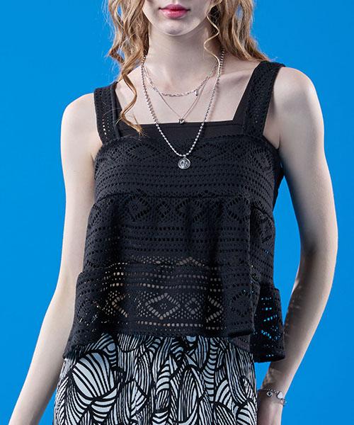 KOLEAT Crop Bustier Bohemian Tiered Sleeveless Inner [Black]