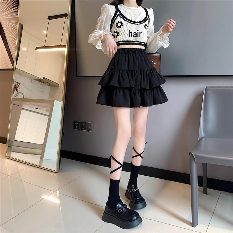 Spring & Autumn 2025 Black Ruffle Midi Skirt - Slimming, Plus Size, High Waist, Fashionable Puff Design