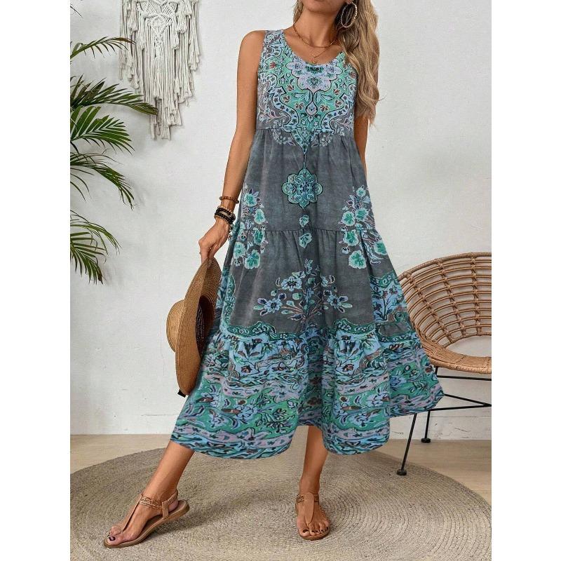 Robe d'été pour femme Nouvelle imprimée sans manches col en V Vacances à la plage Robe longue pour femme Mode Vintage col rond Décontractée ample Bohème pour femme Robes
