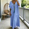Summer Cotton Linen Dress for Women Oversized Loose Beach Sundress Short Sleeve V Neck Casual Flowy Long Dress
