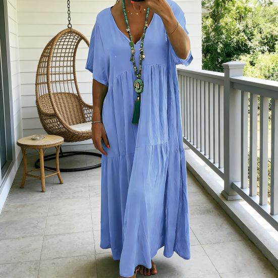 Summer Cotton Linen Dress for Women Oversized Loose Beach Sundress Short Sleeve V Neck Casual Flowy Long Dress