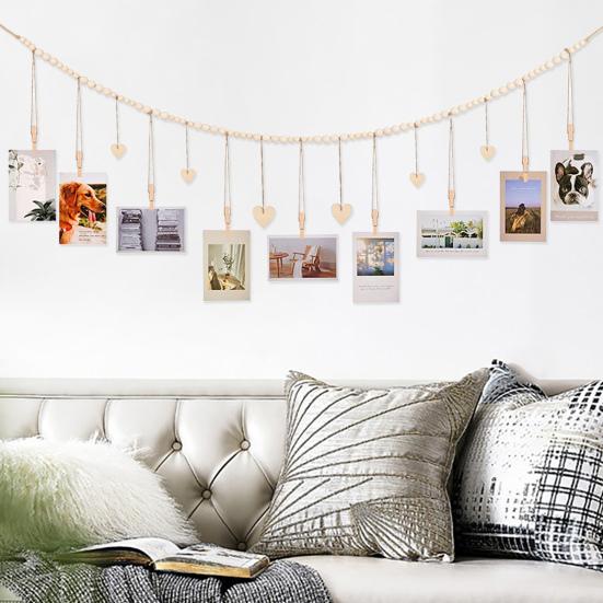 Photo Frame Hanging Rope Bohemian Style Wooden Beads Handmade Non-slip with Clip DIY Craft Gift Wall Picture Mats Clip Holder Organizer Home Decor
