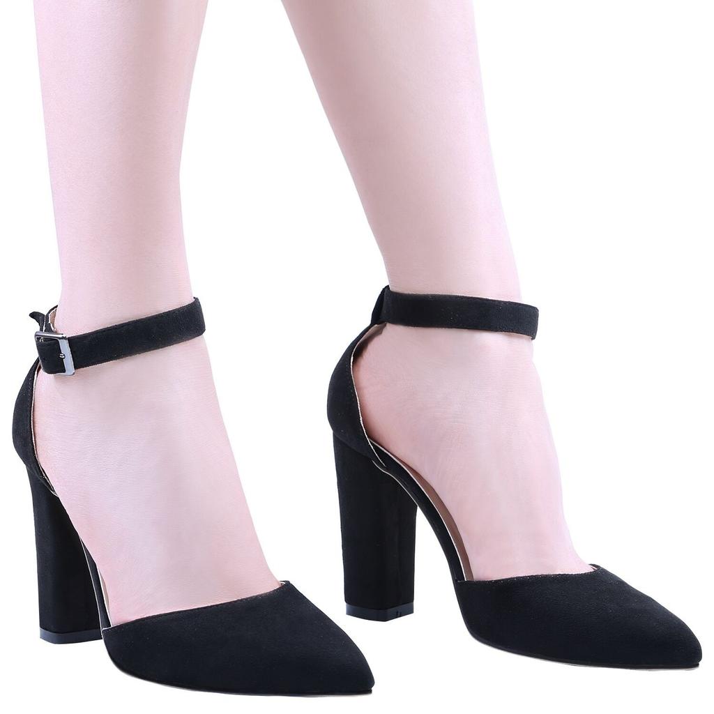 LOSLANDIFEN Women Pumps Sexy Ankle Strap 10CM Thick Heel Large Size Pointed Toes High Heels Black Party Dress Wedding Shoes