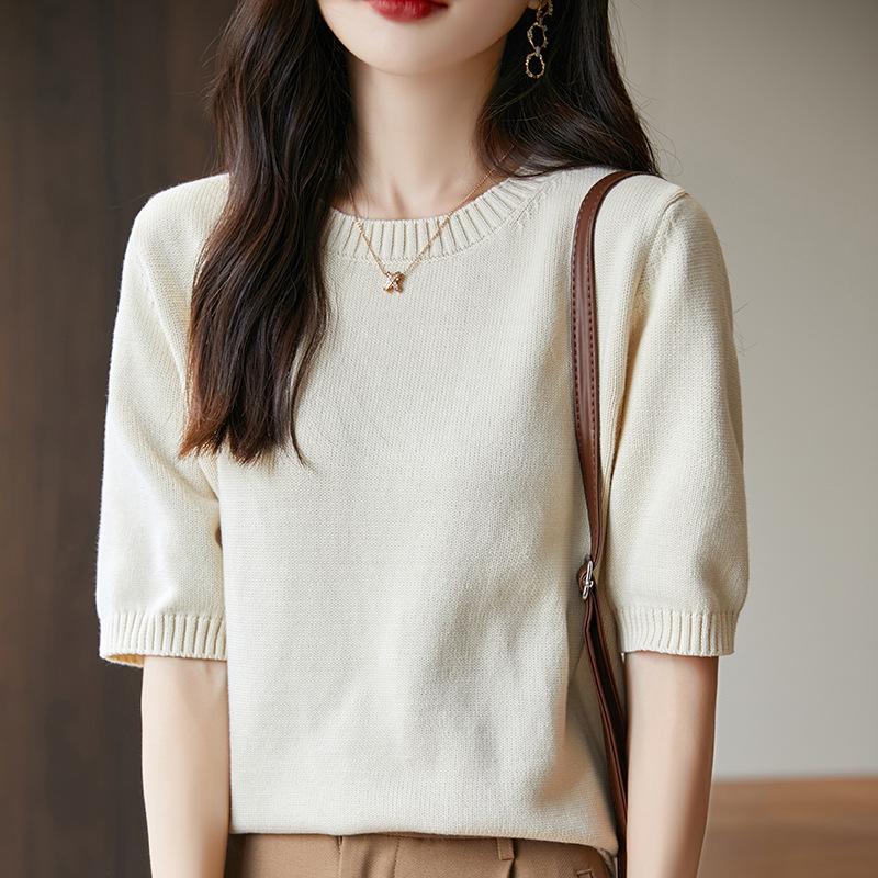 

Women s Cotton Knitted Short Sleeve Round Neck Loose Pullover T-shirt Double Extra Large