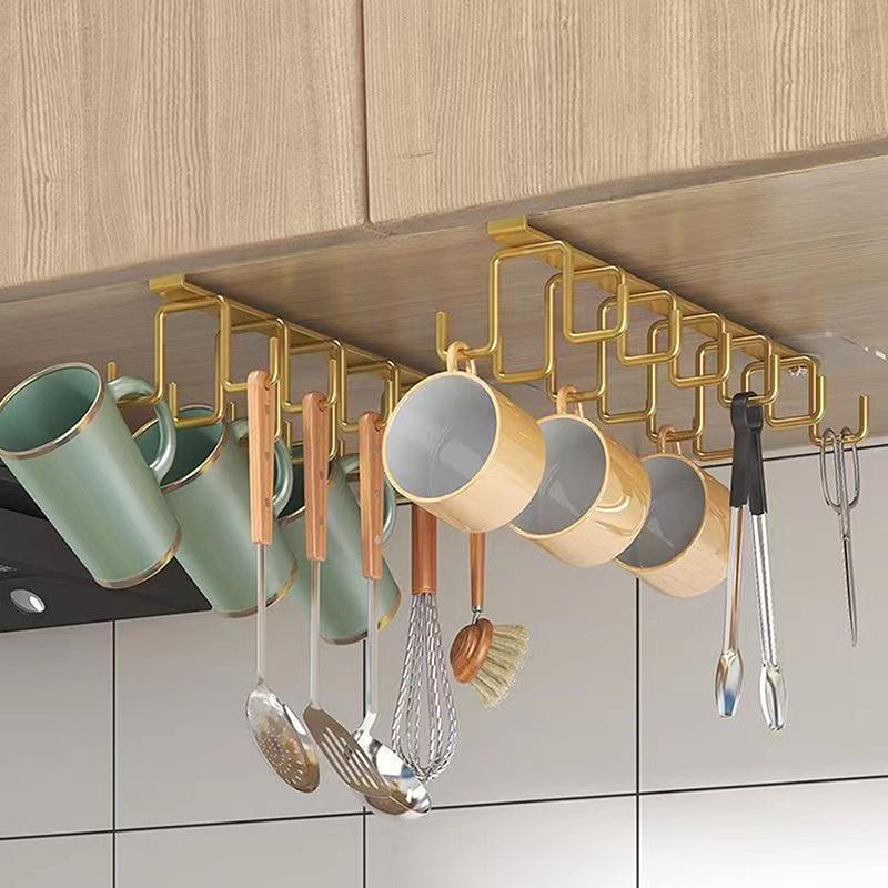 Punch-free Double-row Hooks Kitchen Under Cupboard Shelf Mug Cup Hanger Hook Iron Hanging Rack Holder Kitchen Cabinet Organizer Cup Holders 5