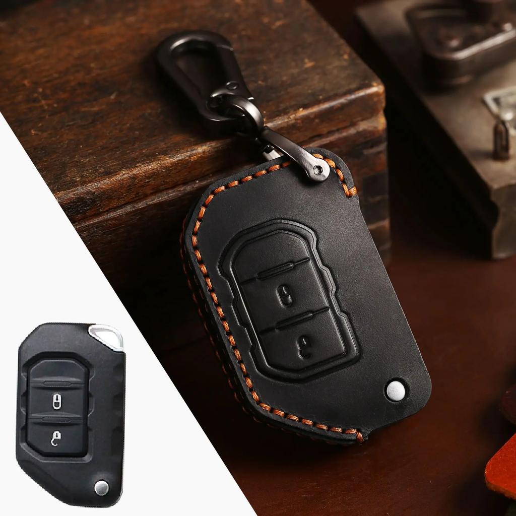 Leather Protector Cover Shell Holder Bag Set for Jeep Wrangler JL JLU Folding Flip Remote Car Fob Key Case Keychain Accessories