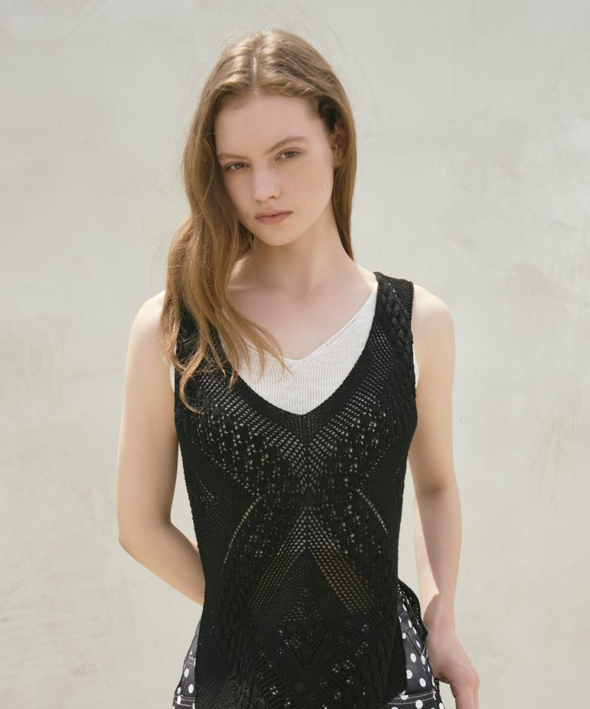 OCCUR Layered Cool Viscose Jacquard Sleeveless Knit, Black