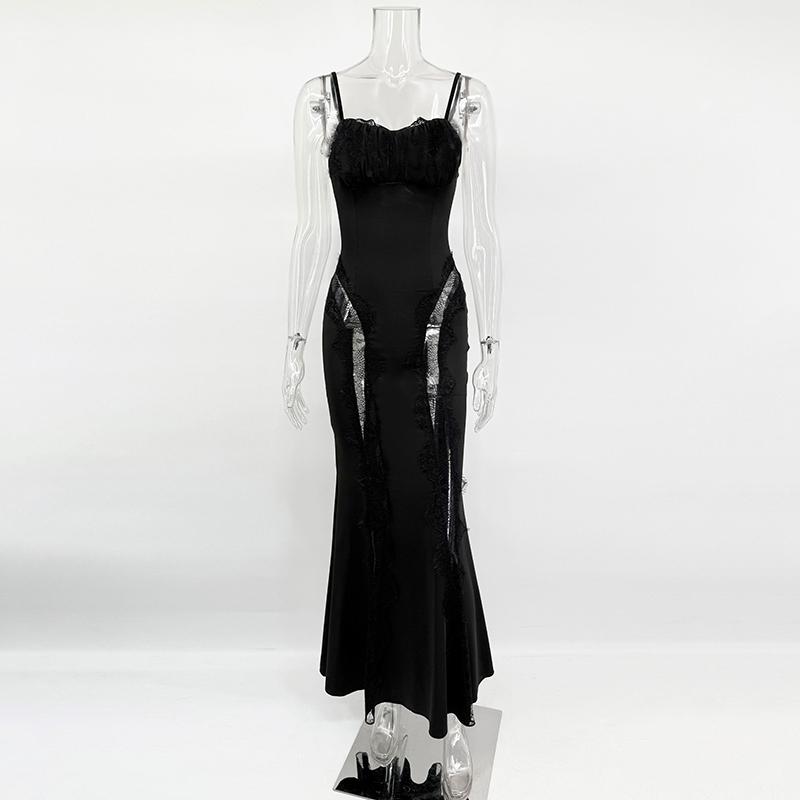 Черное Кружевное Длинное Платье Женское Сексуальное Прозрачное Кружевное Пэчворк Без Рукавов Элегантное С Вырезами Вечерние Платья Vestidos S