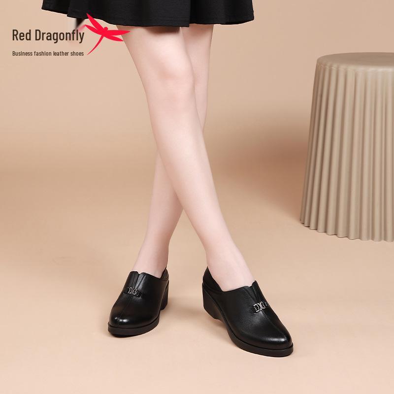 Red Dragonfly Women's Mid-Heel Summer Flats - Genuine Leather Wedge Commuting Shoes