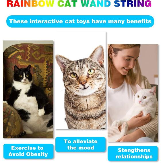 Cat Wand Toys Interactive Kitten Toys for Indoor Cats Colorful Teaser Wand String for Exercise Kitten Stick Kitty Rope Toy Rainbow Ribbon Cat Charmer