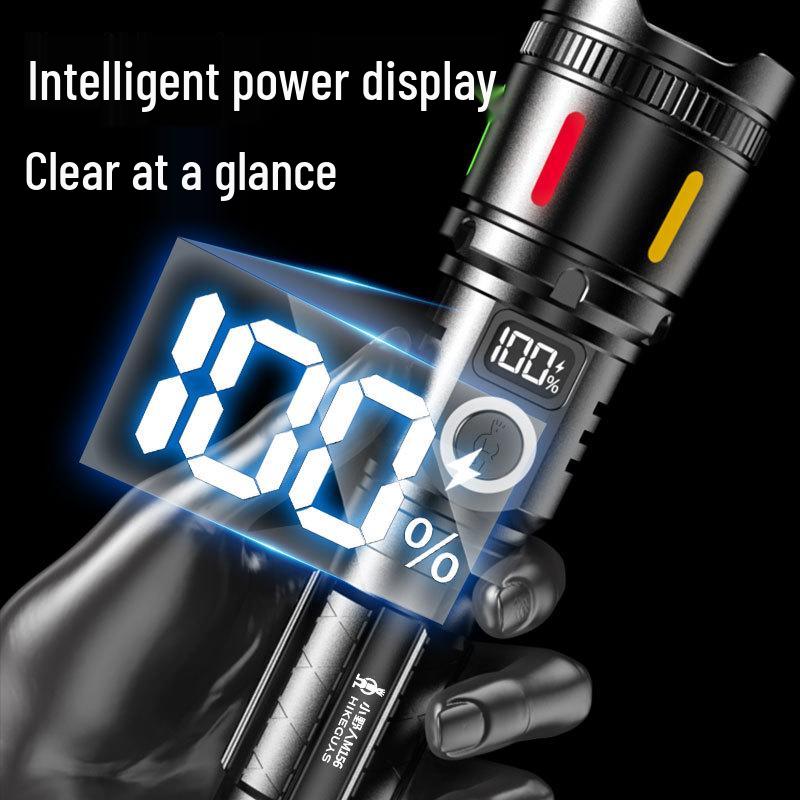 Portable Long-Range LED Laser Flashlight with Digital Display and Emergency Charging for Outdoor Patrol and Flood Control