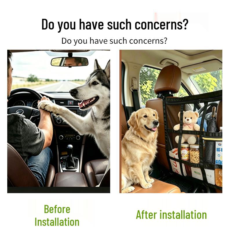 Adjustable Pet Barrier Net for Car Travel - Dog Safety Partition and Storage Mesh Bag