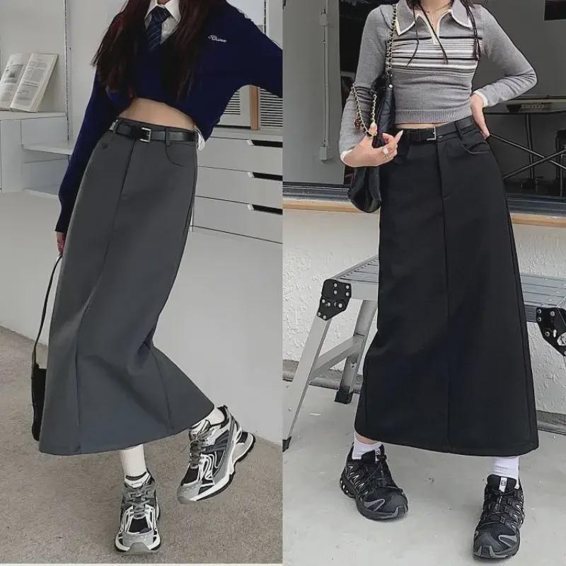 Women's Spring/Summer Black A-Line Split Workwear Skirt
