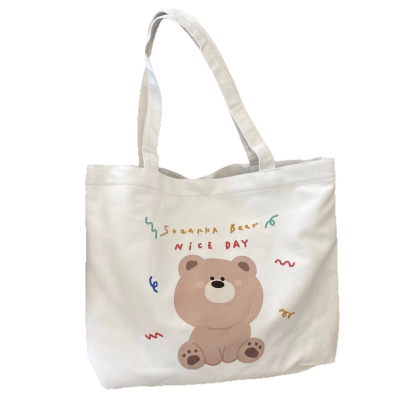 Large Capacity Tote Bag Women's New Trendy Cartoon Bear Printed Shopping Bag Shoulder Bag Canvas Bag