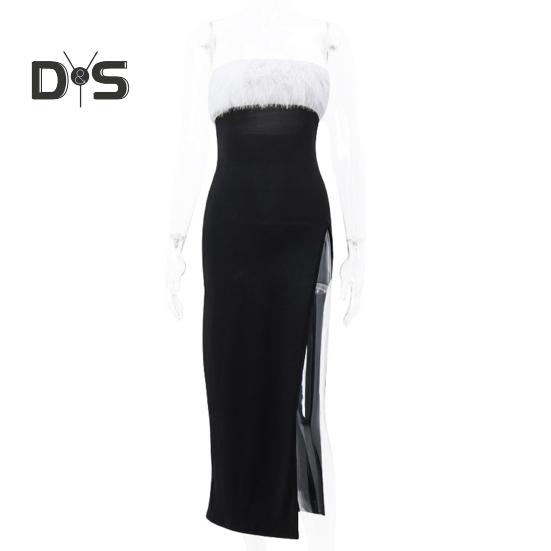 Women Evening Dress Off Shoulder Sleeveless Backless Collarless Bandeau Fluffy Faux Fur Decor Side Slit Cocktail Party Prom Maxi Tube Top Dress