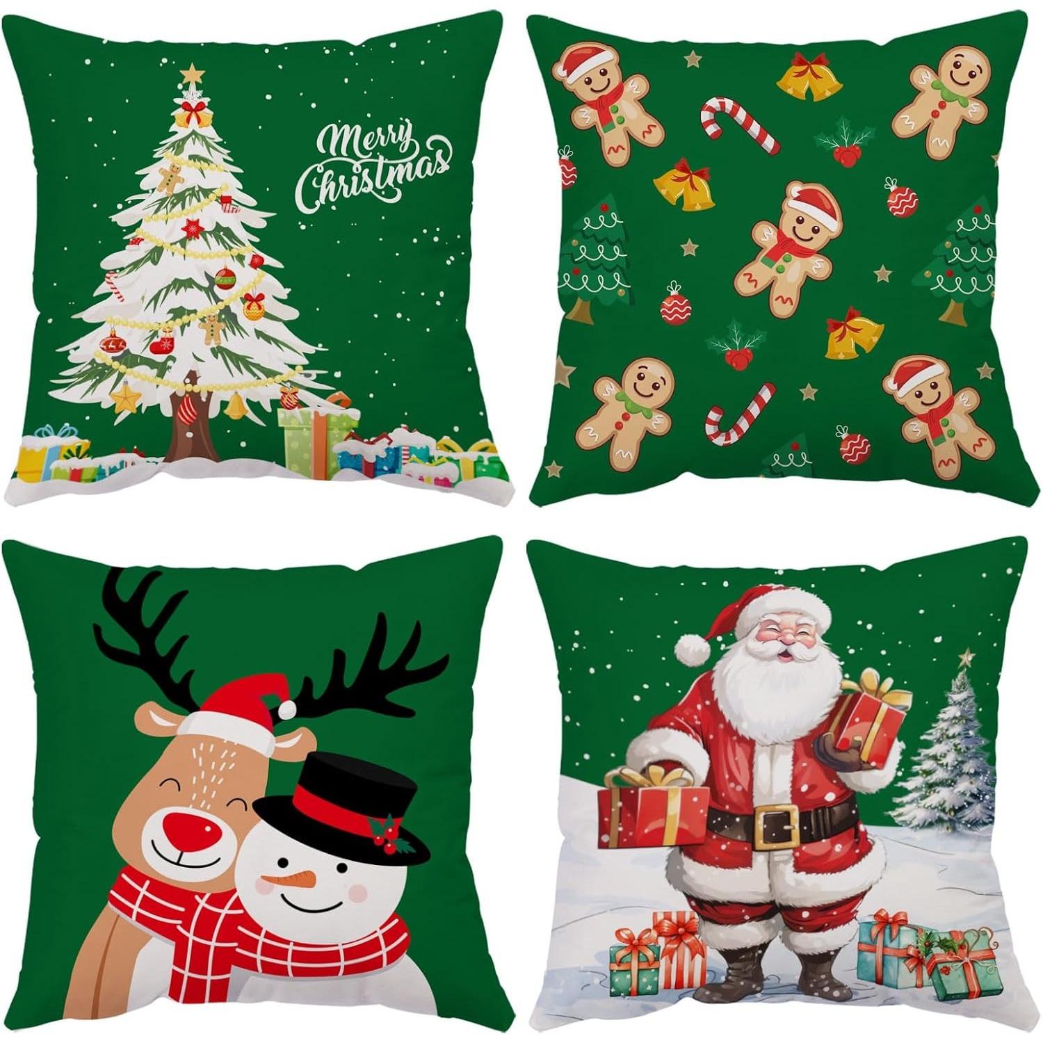 Christmas Pillow Covers 18x18 Set of 4 Velvet Christmas Pillow Cases Green Xmas Winter Holiday Throw Pillow Covers Christmas 4PCS