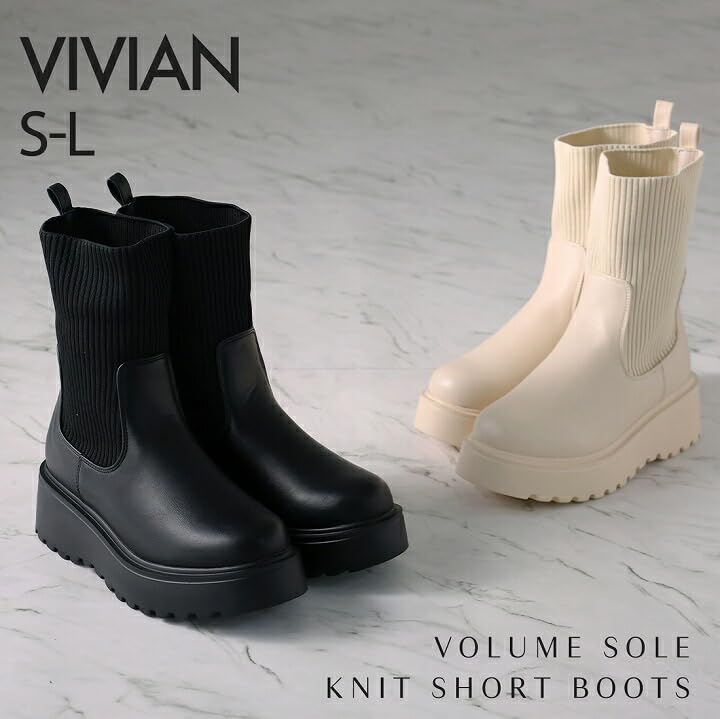 Vivian Women's Knit Boots, Platform Short, V6360AW, Beige, Size L (24.0-24.5)