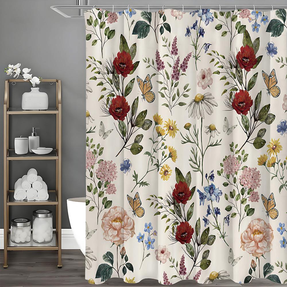 Spring Flower Butterfly Shower Curtain, Bathroom Decorative Shower Curtain, Waterproof Shower Curtain with Hooks