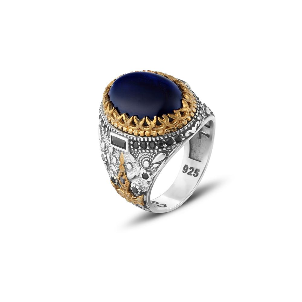 

925 Sterling Silver Man Ring Mavi Tiger s Eye Taşlı Erkekler İçin 11