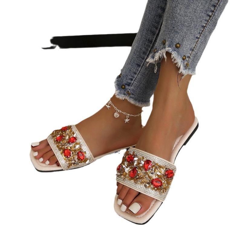 Large size square head flat bottom cool slippers women's summer new colorful rhinestones outer wear fashionable one-word beach shoes