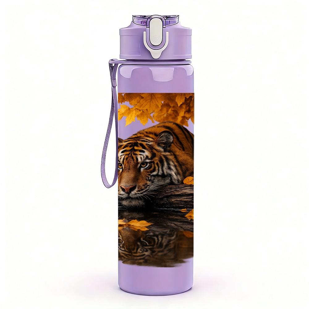 1PC Tiger On Golden Lake Sunset Scene Print 750ml Color Plastic Sports Water Bottle Leakproof Flip Straw Lid Suitable for Sports Office Home Use