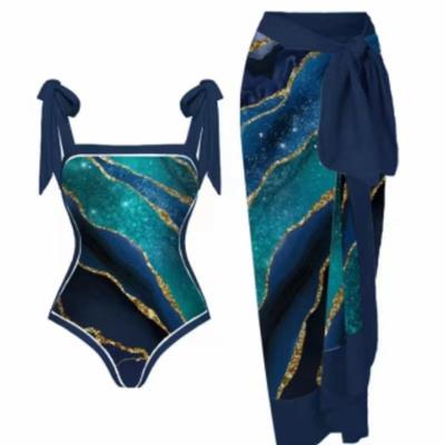 2 stks/set Vrouwen Afdrukken Monokini met Rok Sling Bandeau Een Stuk Hot Spring Badpak met Beach Cover Up